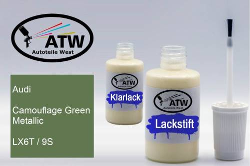 Audi, Camouflage Green Metallic, LX6T / 9S: 20ml Lackstift + 20ml Klarlack - Set, von ATW Autoteile West.